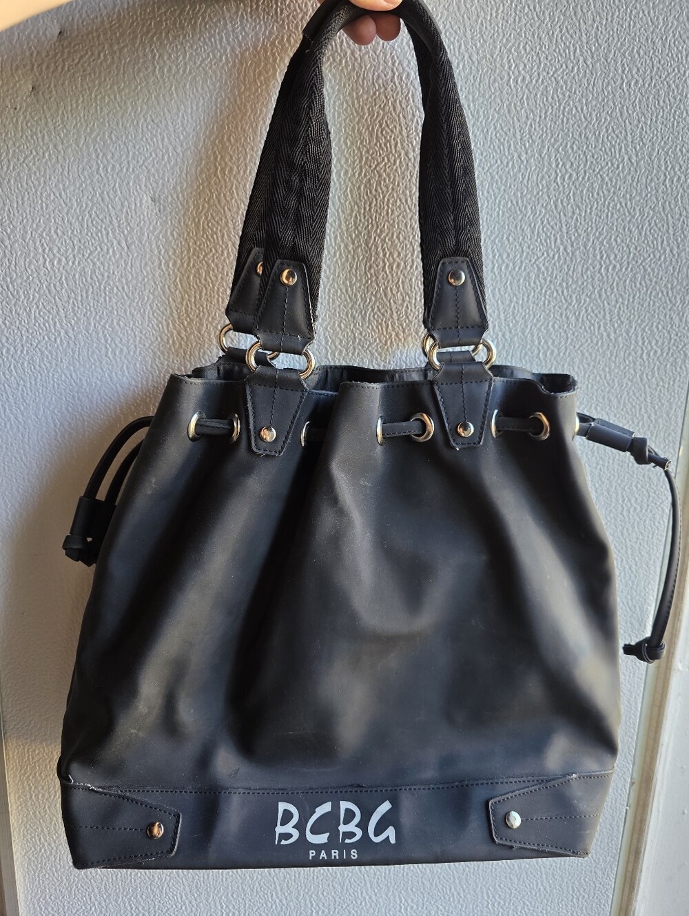 Vintage Y2K 2000s BCBG Paris Black Logo Drawstring Tote Nylon Prada Bucket